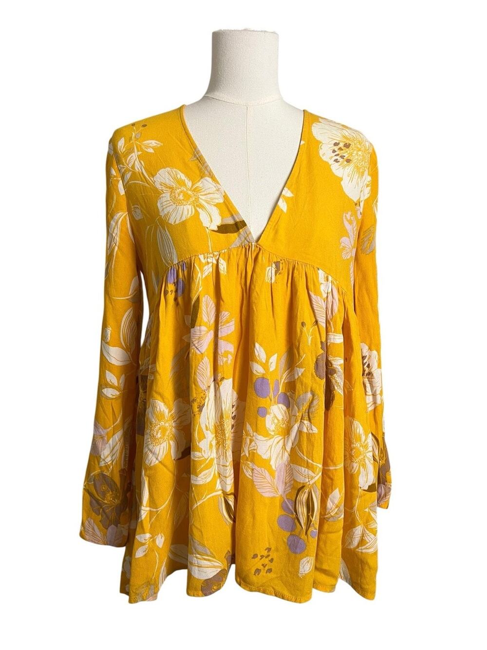 Free People Yellow Floral Babydoll Tunic Top XS Boho Long Sleeve Oversized Swing